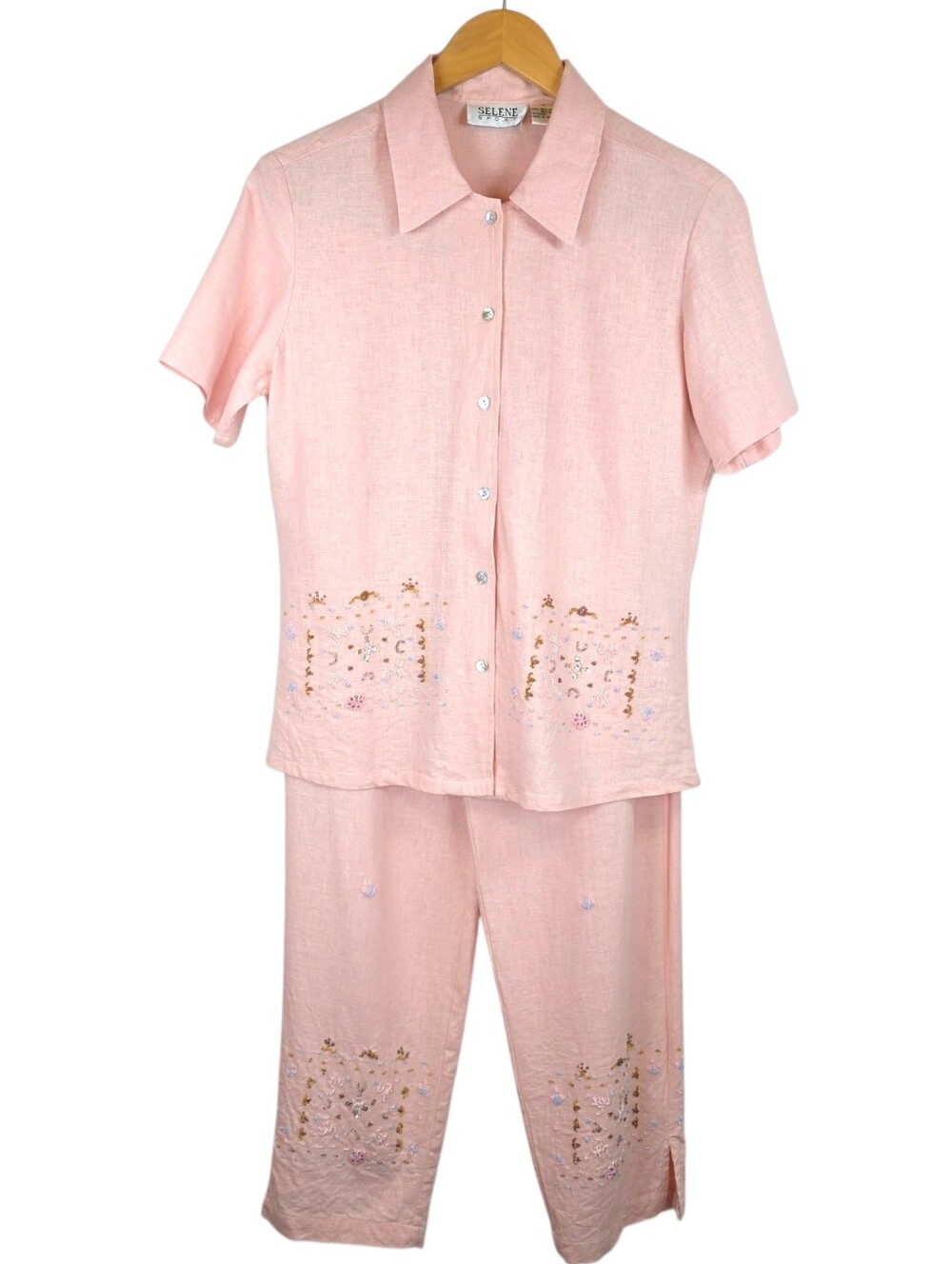 Selene Sport 2 Pc Linen Blend Boho Shirt Cropped Pants Set Sz M Embroidered EUC